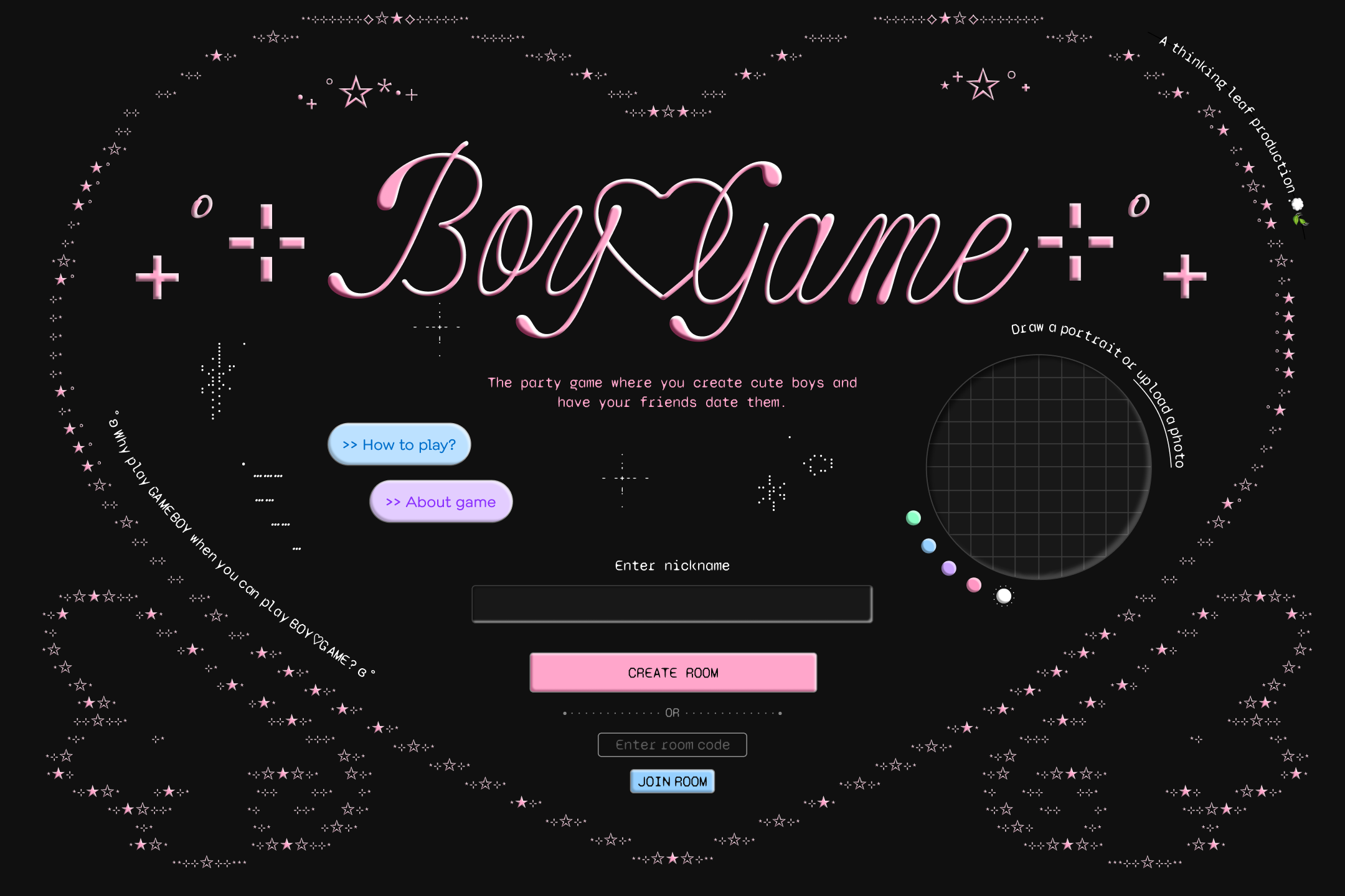 Screen shot of BOYGAME's start screen showing input for user name and small canvas for drawing.